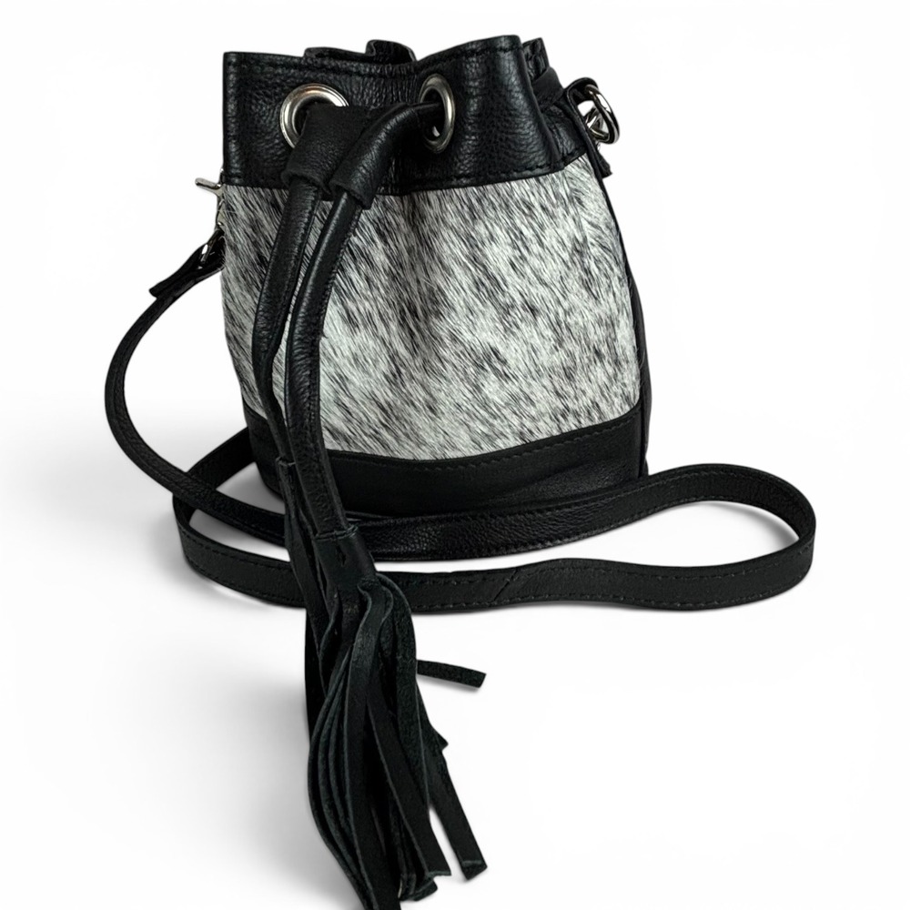 Black Leather Cowhide Hair On Bucket Bag Crossbody Drawstring Tassel Western